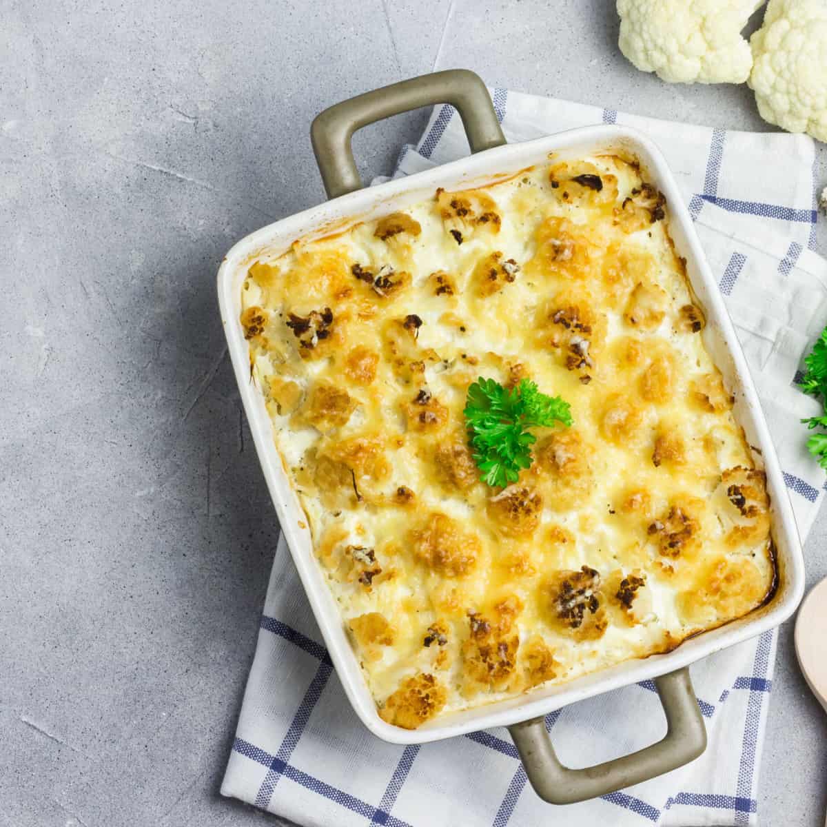 Chicken casserole in white baking dish