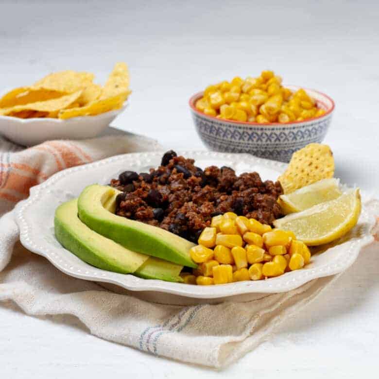 bowl of Weight Watchers turkey chili with black beans and corn