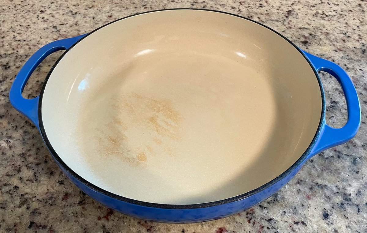 enameled cast iron pan on counter