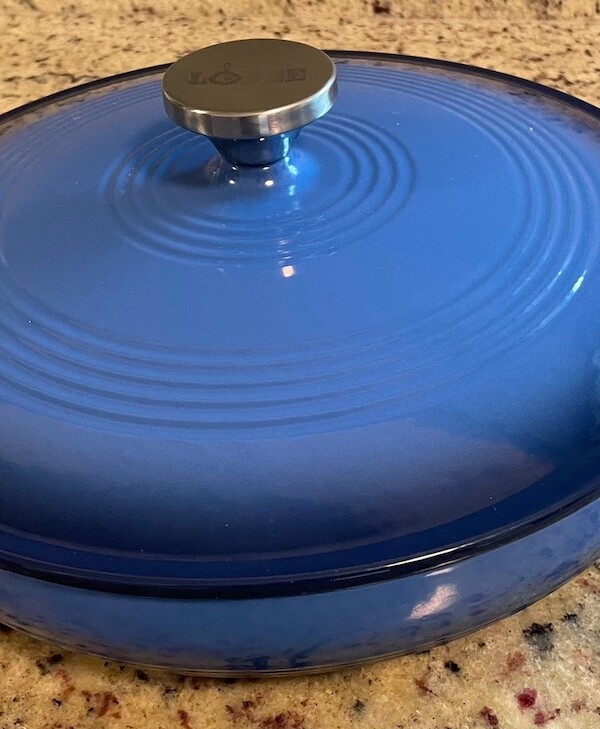 blue lodge enameled cast iron pan on counter