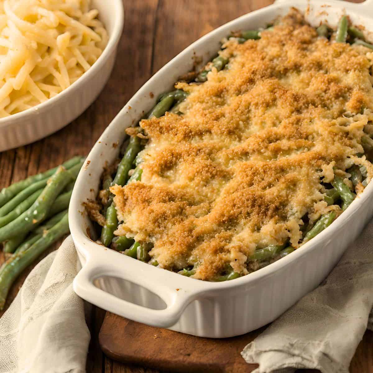 weight watchers friendly green bean casserole in white casserole dish