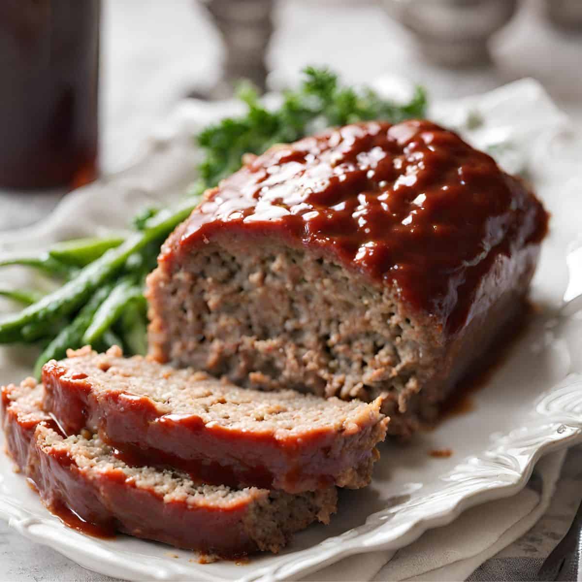 Ina Garten's Famous Meatloaf on White serving dish
