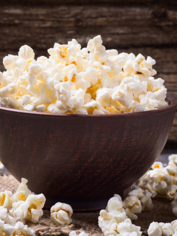 popcorn in wooden bowl