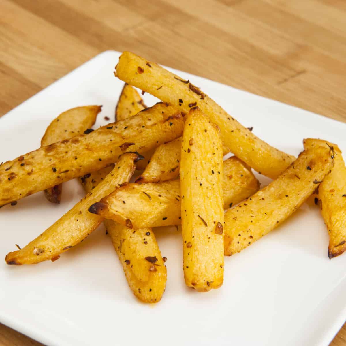 rutabaga fries on white plate