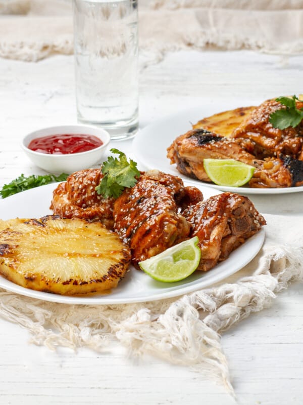 Traditional Hawaiian dish of Huli Huli chicken with grilled pineapple.