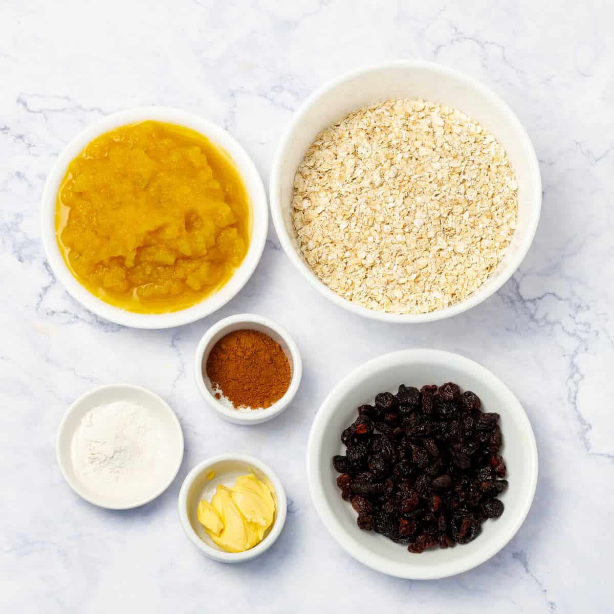 Ingredients of oats, pumpkin puree, cinnamon, raisins, butter, and stevia in separate dishes.