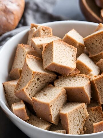whole wheat bread cut into cubes in white bowl