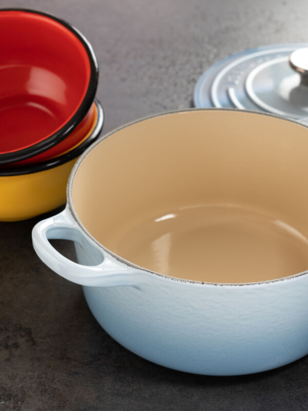 sky blue dutch oven sitting on counter