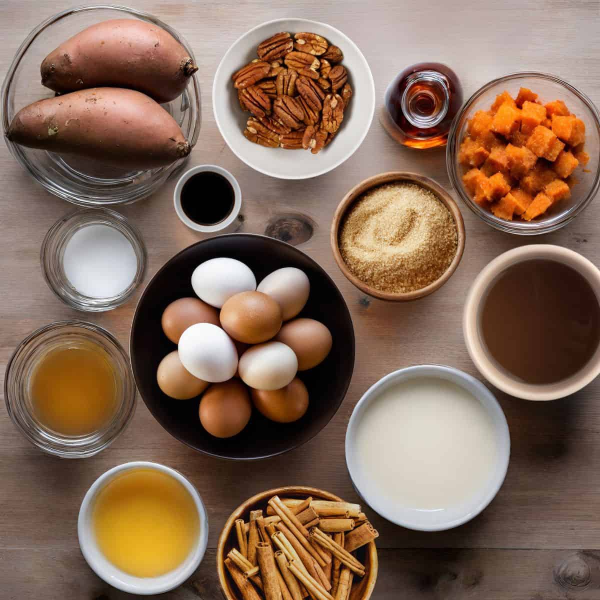 Ingredients for sweet potato casserole on wooden cutting board