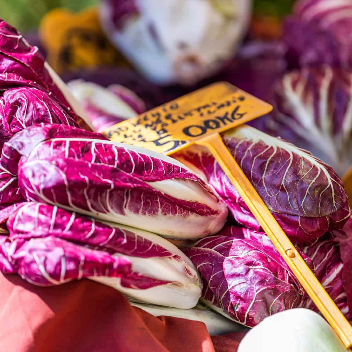 Red raddichio on display in campo de fiori farmers market in Italy.