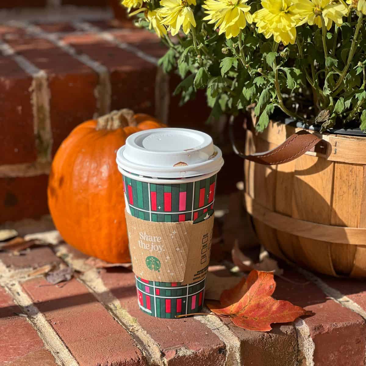 starbucks cup sitting on brick steps next to yellow mums and orang e pumpkin