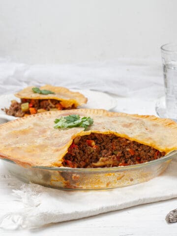 Hearty beef pie with flaky crust.