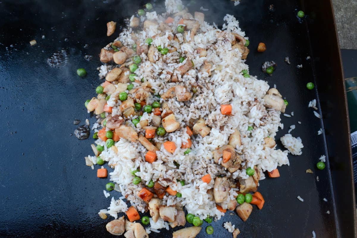 chicken fried rice, cooking on blackstone
