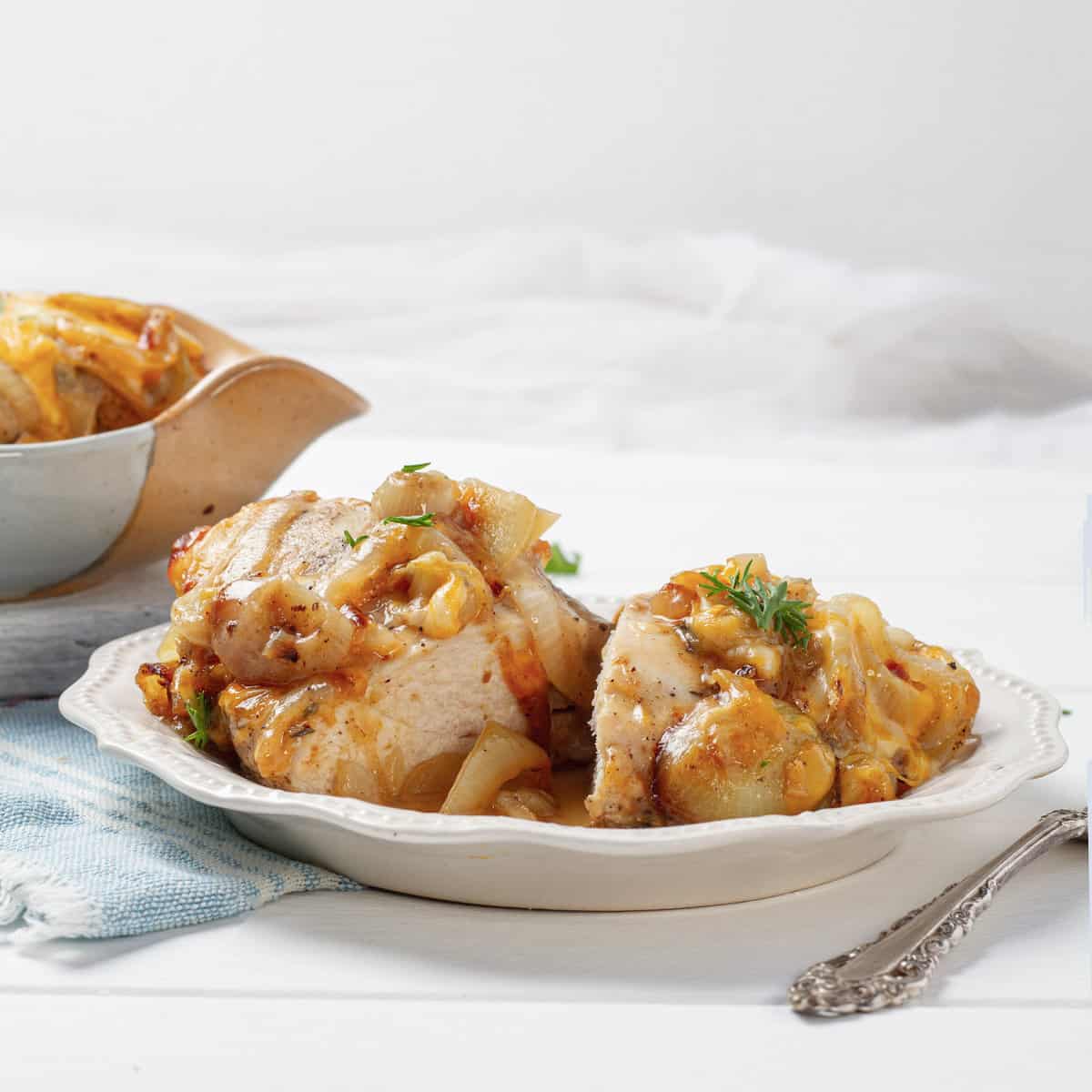 French Onion Chicken Casserole served in a plate