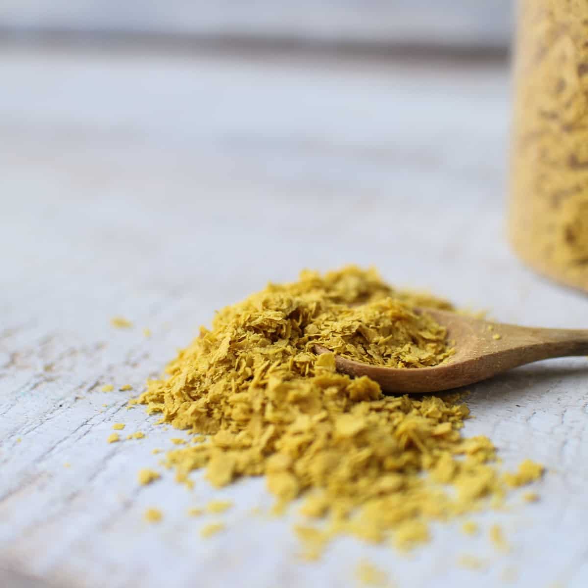 nutritional yeast on wooden spoon sitting on table