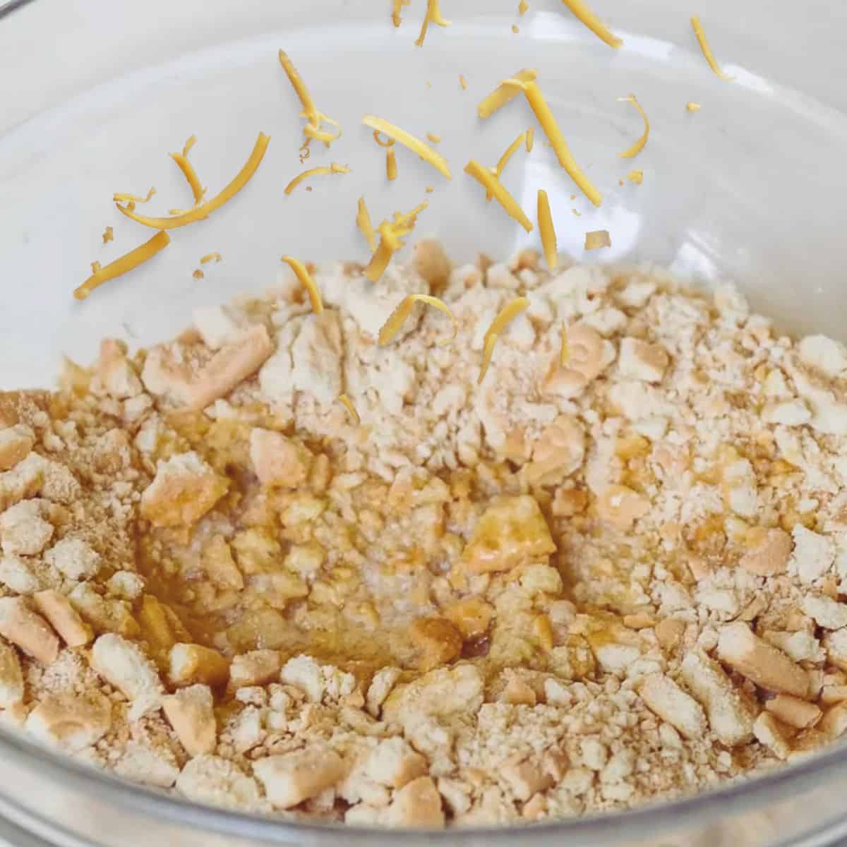 pineapple casserole topping in clear mixing bowl