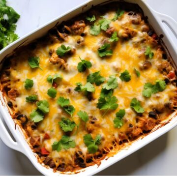 Mexican casserole in white baking dish fresh out of the oven