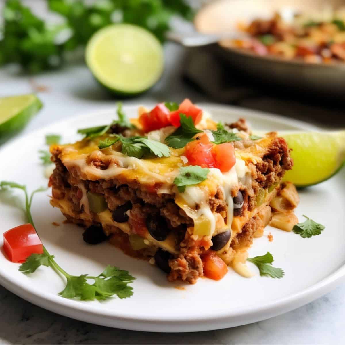 slice of mexican casserole on white plate with lime wedge