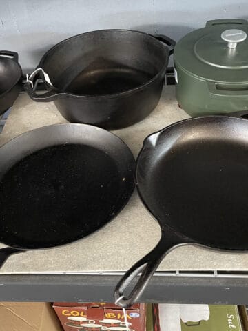 cast iron skillets on a counter