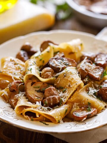 Pappardelle pasta with porcini mushrooms sprinkled with parmesan cheese and chopped parsley, close up