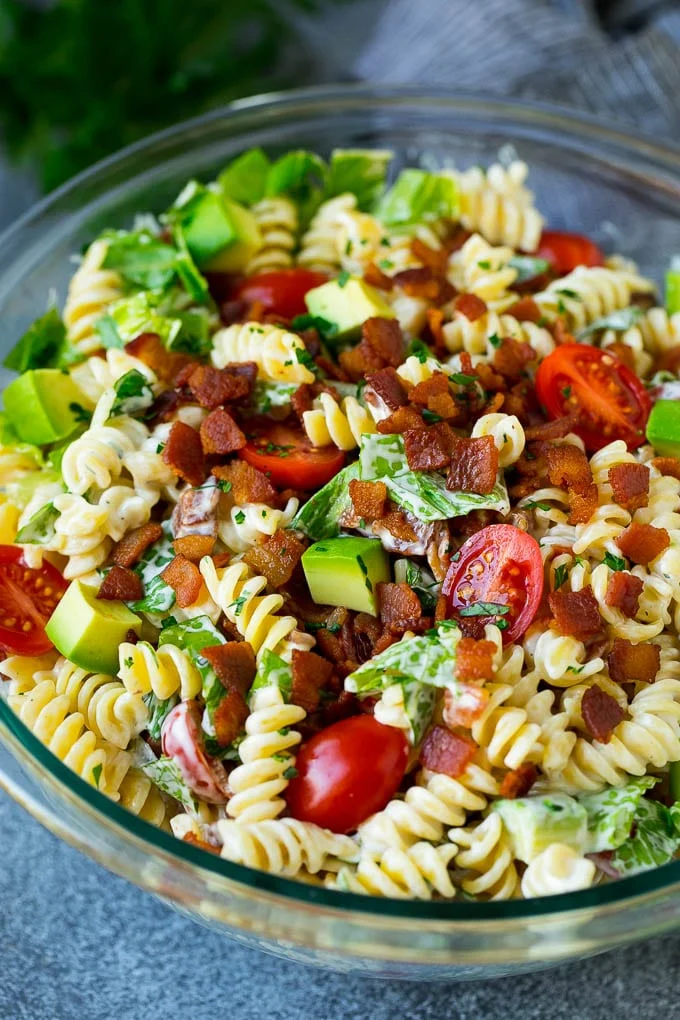 A BLT Pasta Salad in a glass bowl.