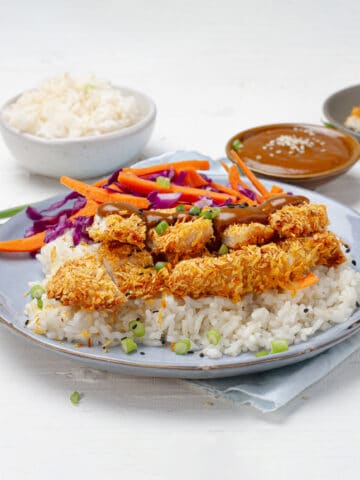 Chicken Katsu platted with a bowl of rice
