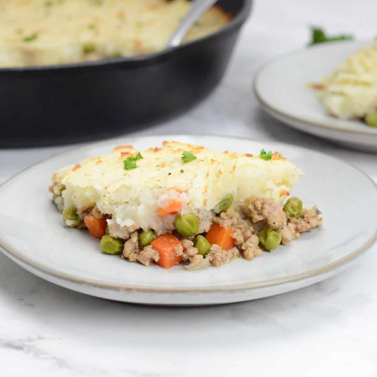 Close up of single serving of Turkey Shepherd's Pie.  A skillet and small plate with another serving sit behind. 