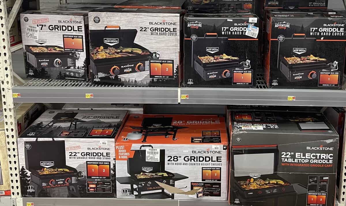 blackstone griddles in boxes on display