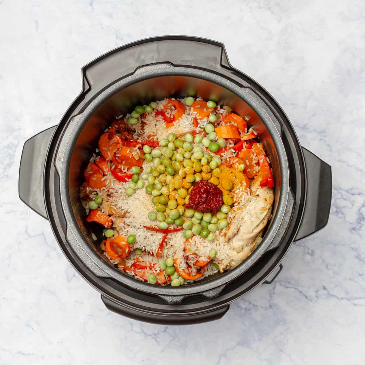 Rice and Chicken added to instant pot with vegetables