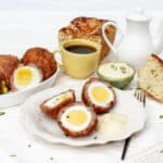 Scotch Eggs beautifully platted on table