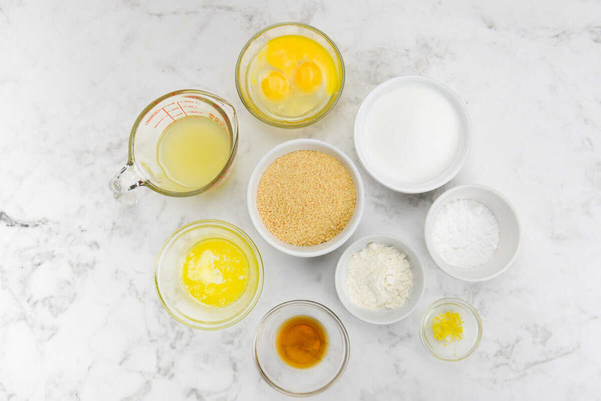 Bowls of ingredients in various sizes to make the lemon bars