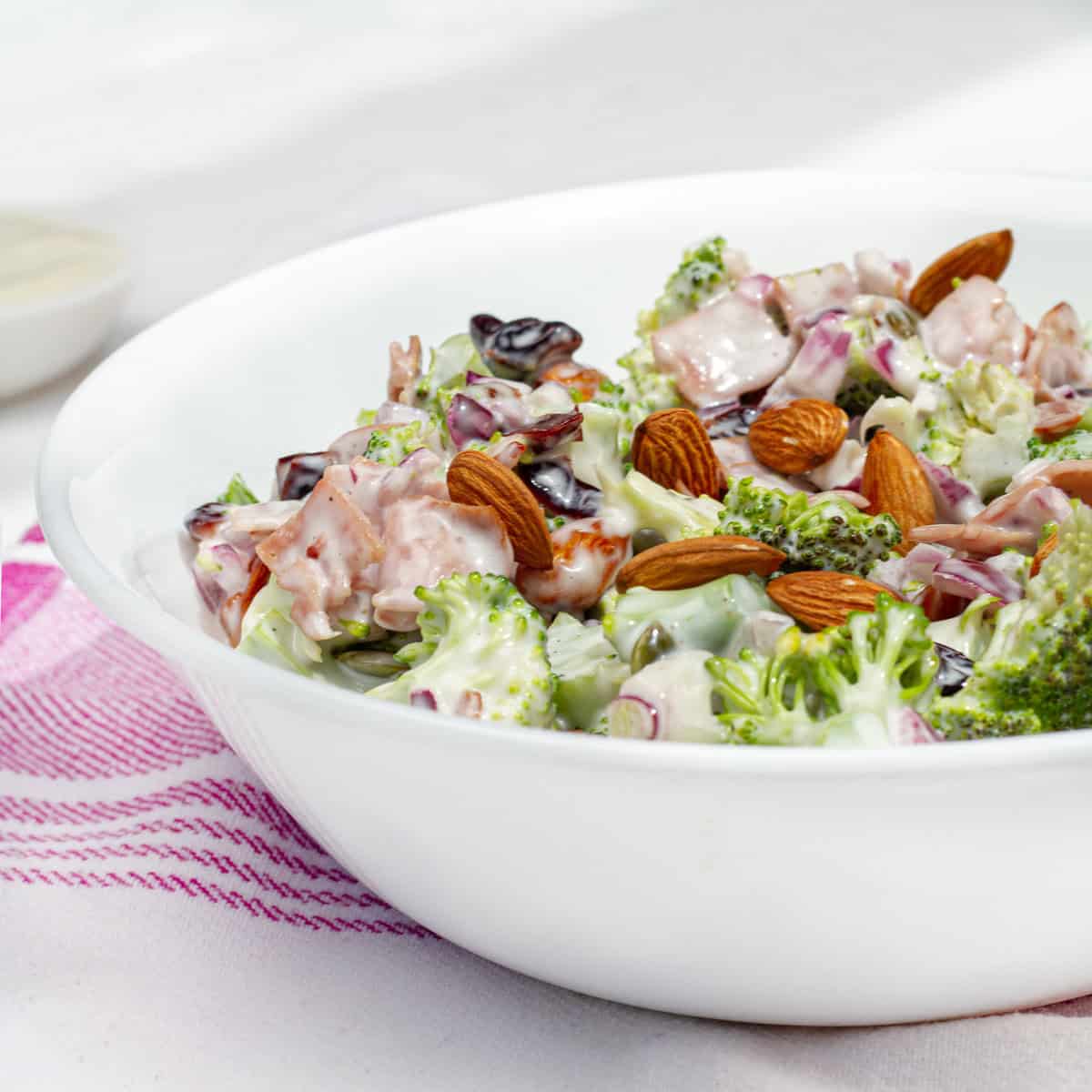A healthy yet creamy twist on the classic Midwestern broccoli salad with ham and dried cranberries.
