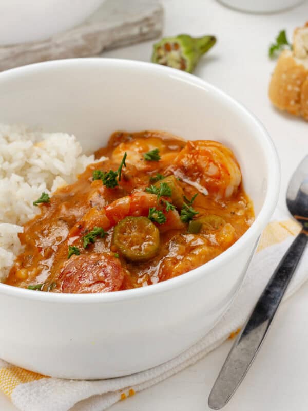 Gumbo served with rice in a bowl