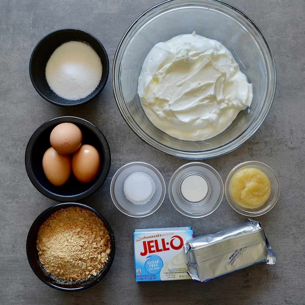 Measured ingredients for cheesecake recipe