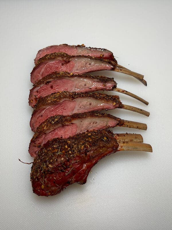 finished rack of lamb carved
