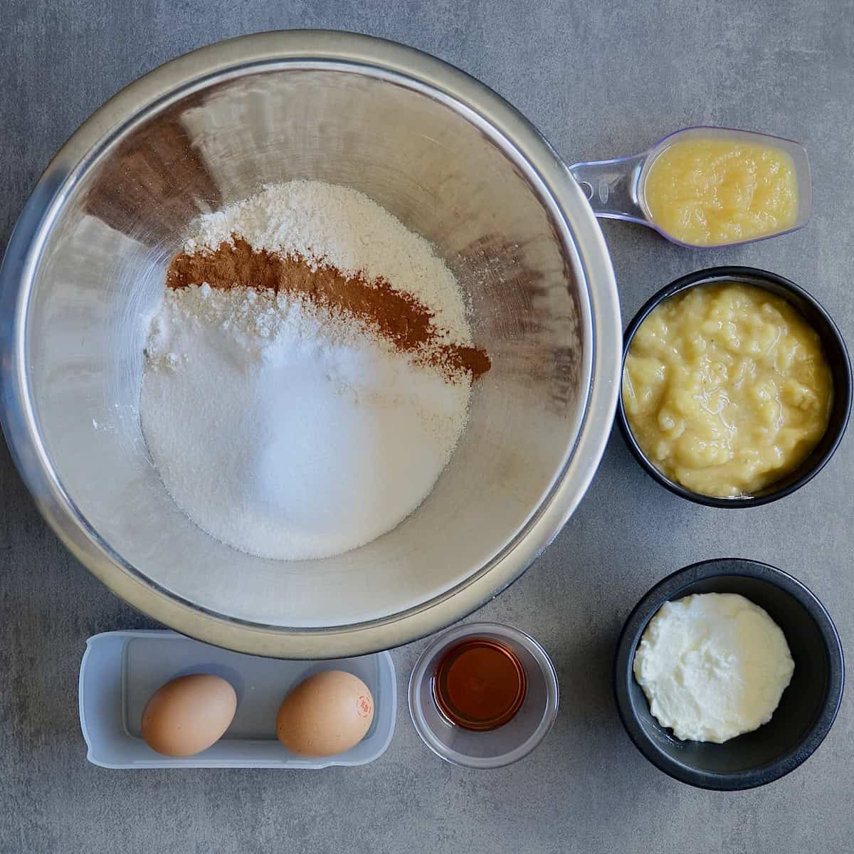 Ingredients for making banana bread from scratch