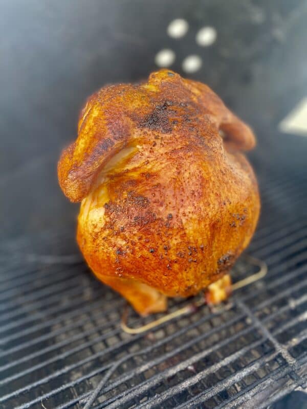beer can chicken smoking on the offset smoker