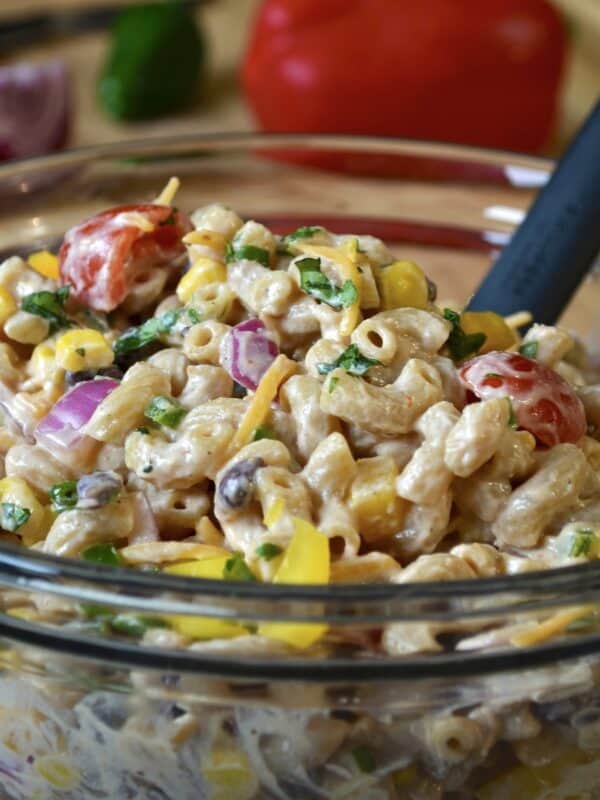 Close up of Southwest-style macaroni salad