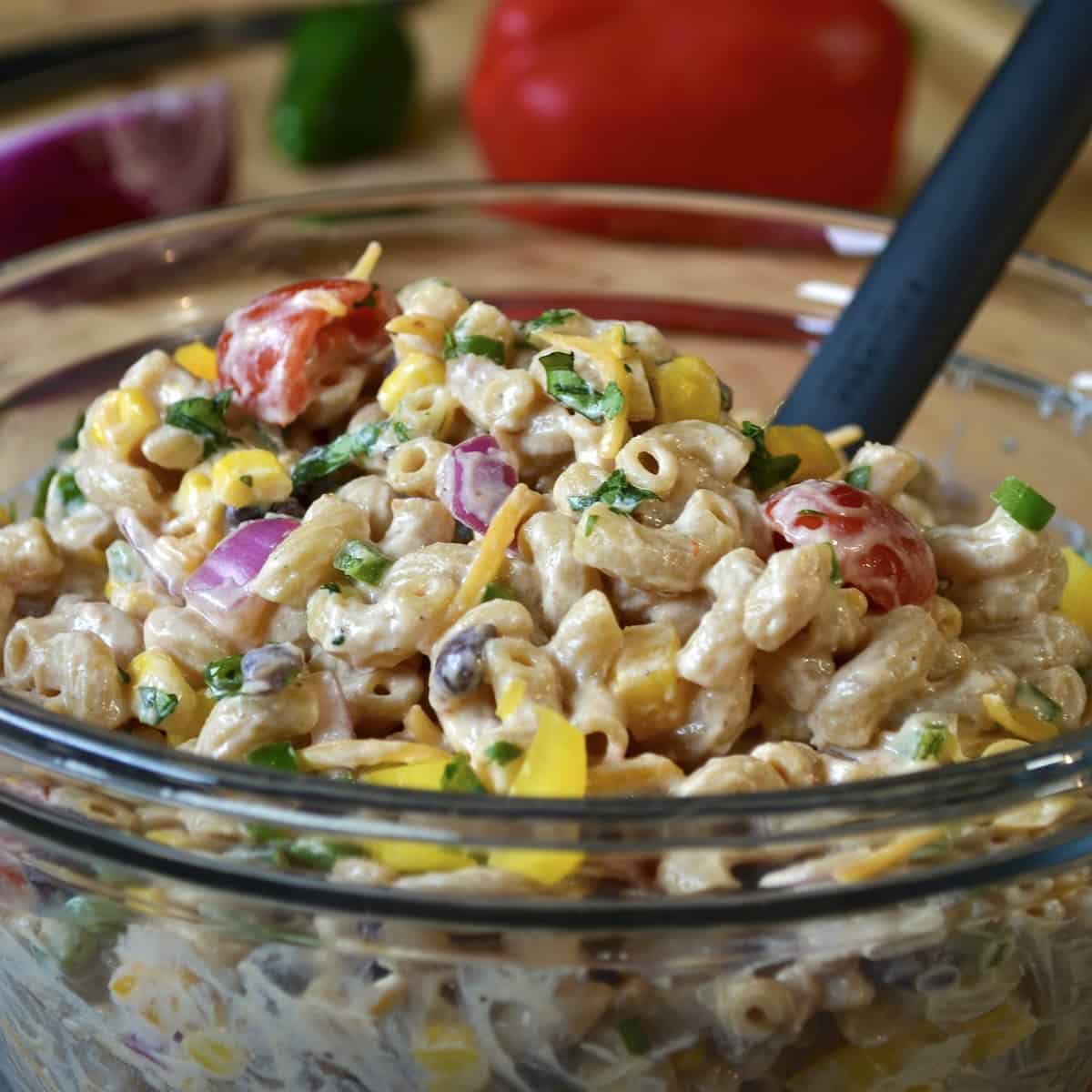 Close up of Southwest-style macaroni salad