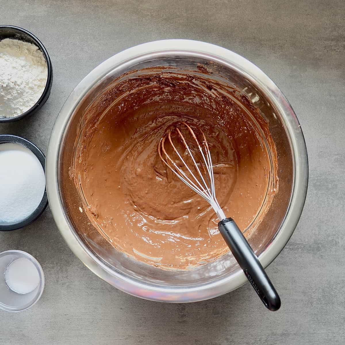 Mixing brownie batter with a whisk