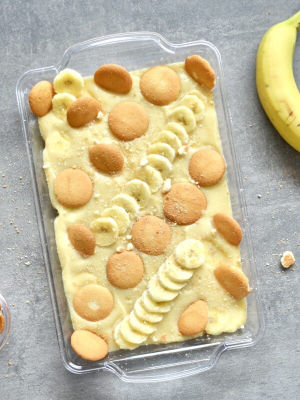 Decorated banana pudding in a serving dish