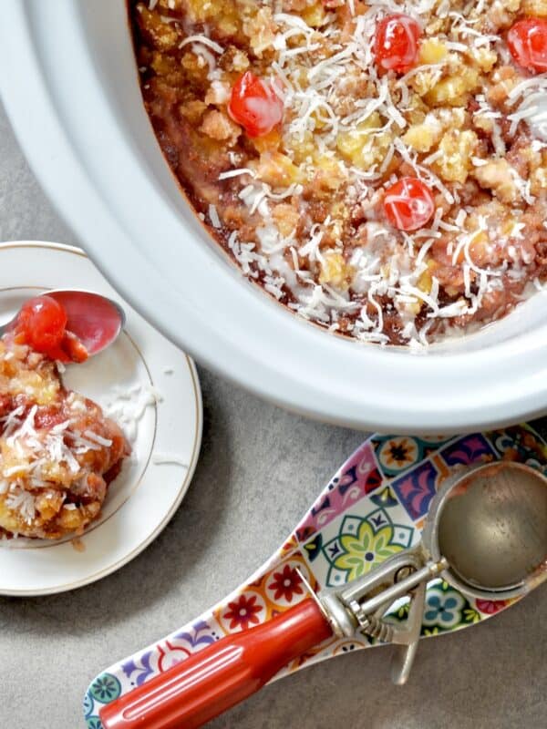 Slow cooker dump cake with pineapple and cherries