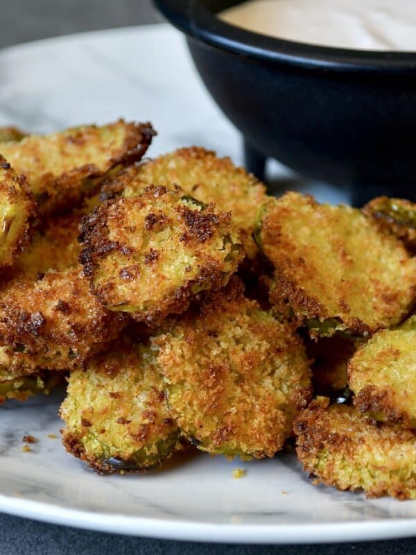Close up of air fried pickles