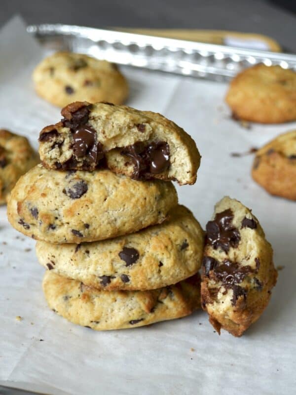 Stack of fluffy chocolate chip cookies