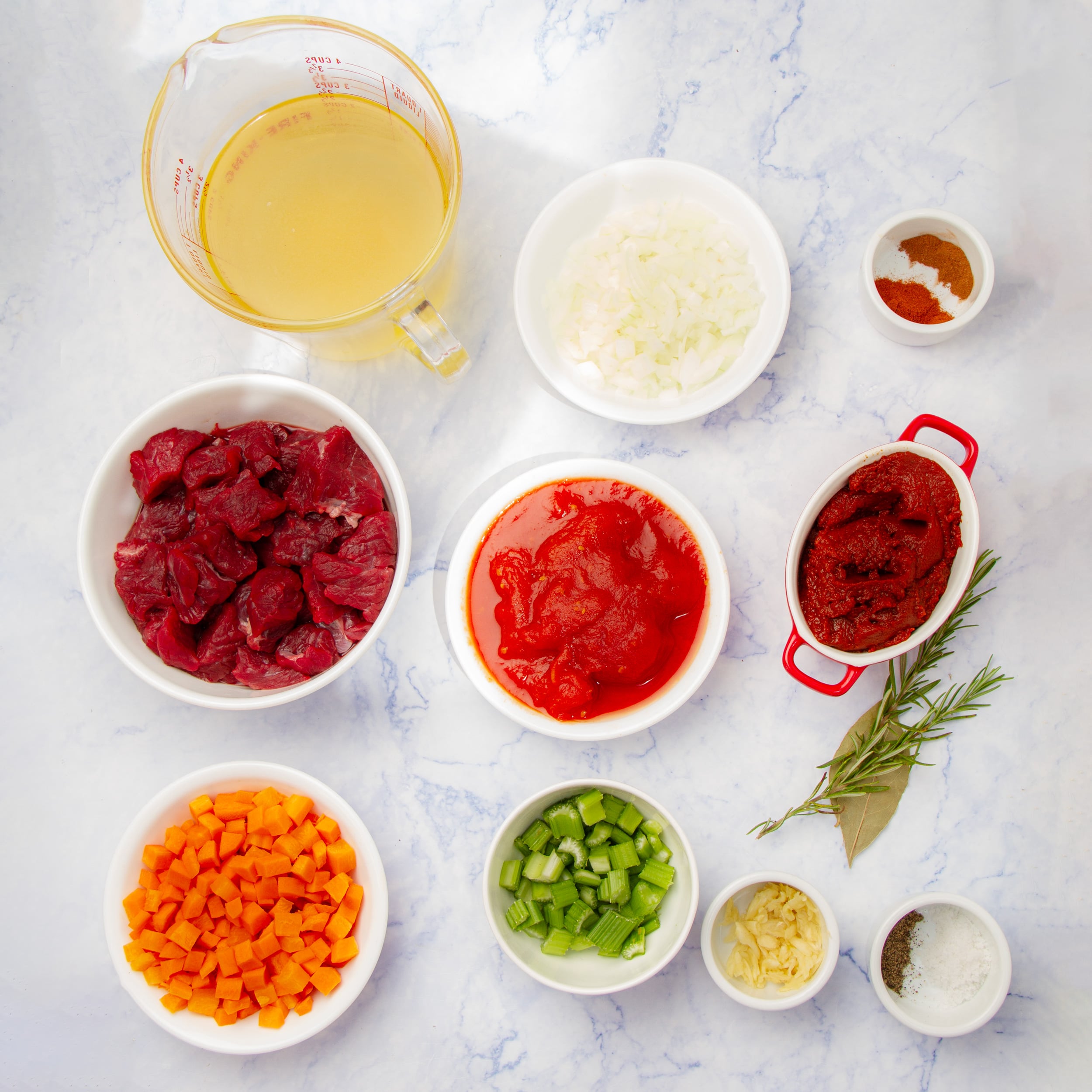 Instant Pot Beef Ragu ingredients in separate dishes. 