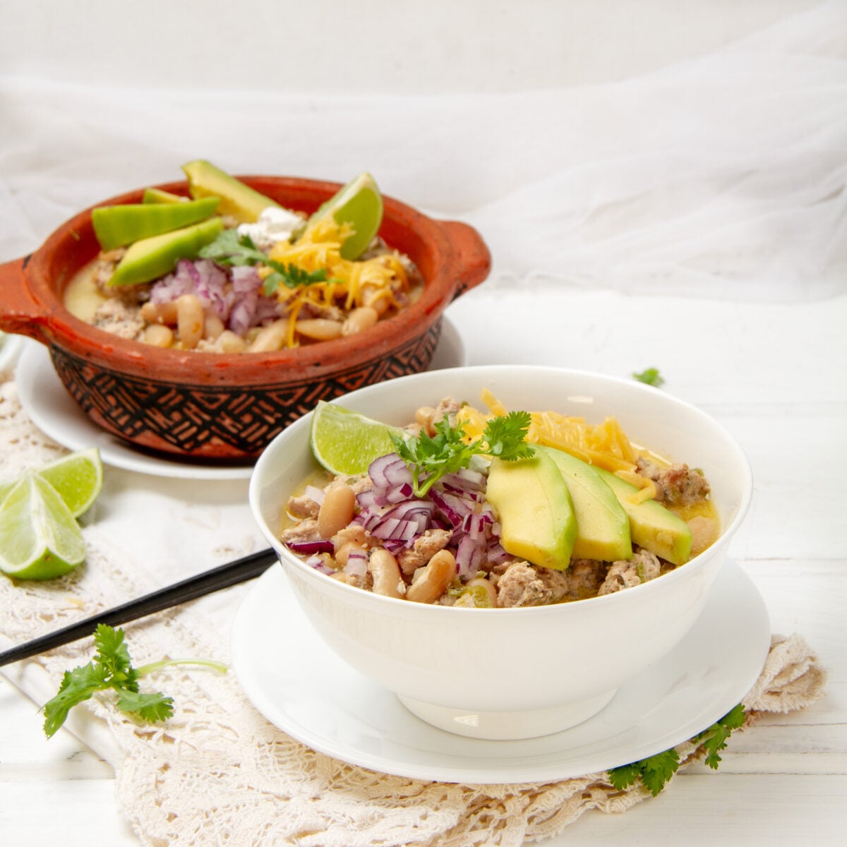bowl of white turkey chili with white beans and green chiles