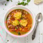 Hearty and delicious Shepherd's Pie Soup in a bowl with a spoon on the side.