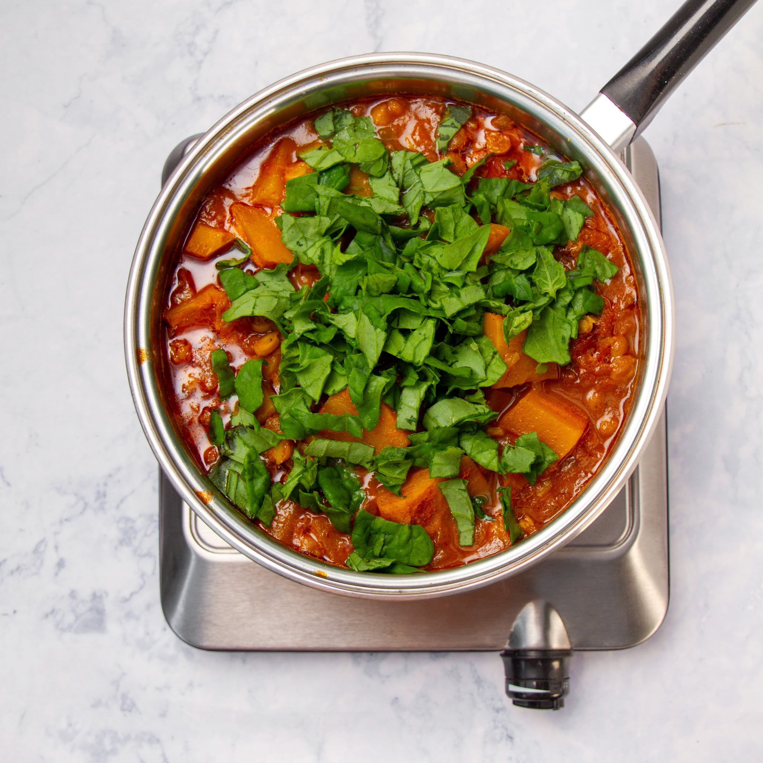 Cooked stew topped with fresh herbs in a pot. 