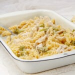 Creamy garlic parmesan chicken in a baking dish.