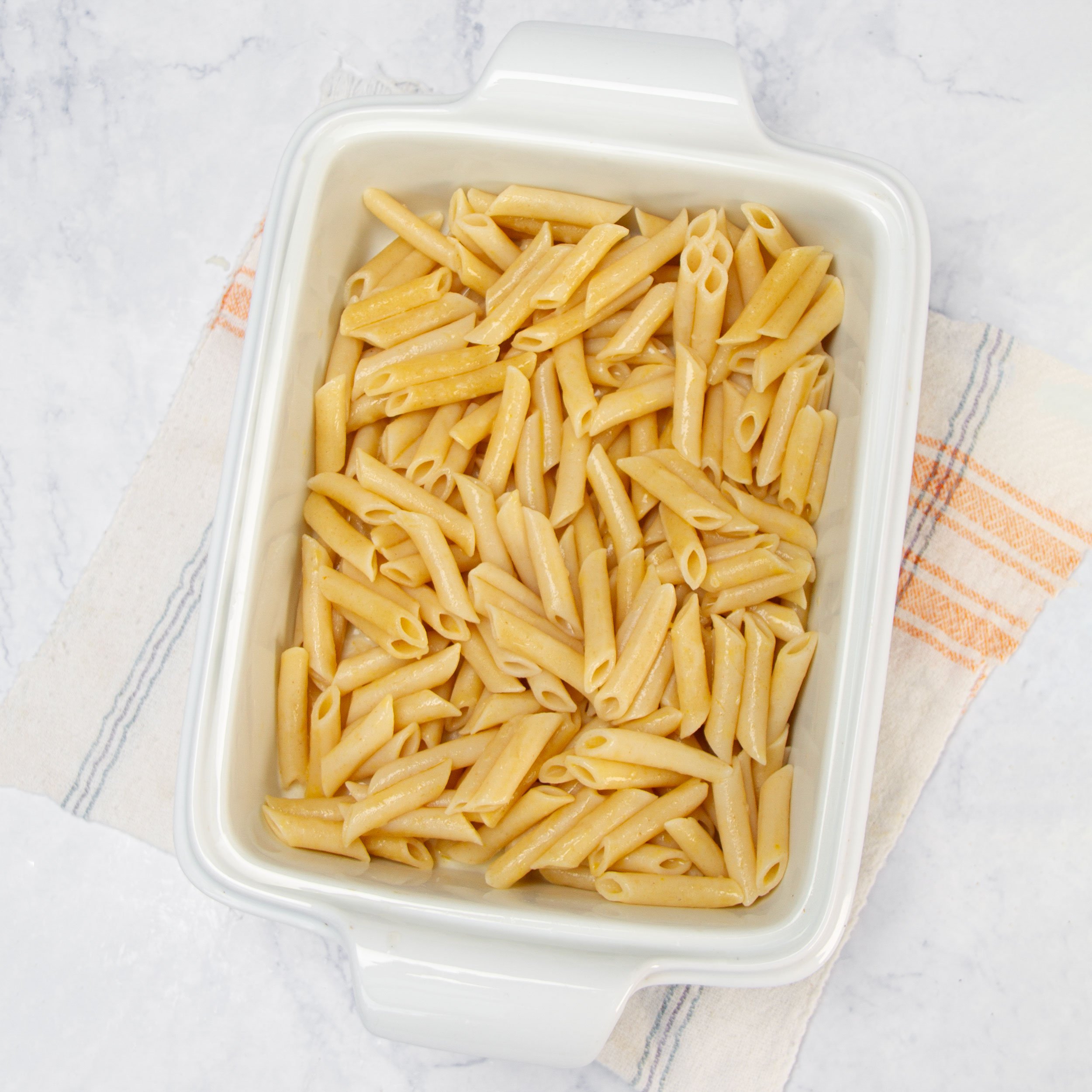 Pasta base in the casserole dish.
